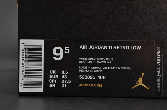 AIR JORDAN 11 RETRO LOW "CAROLINA 2017 RELEASE" mens 528895-106